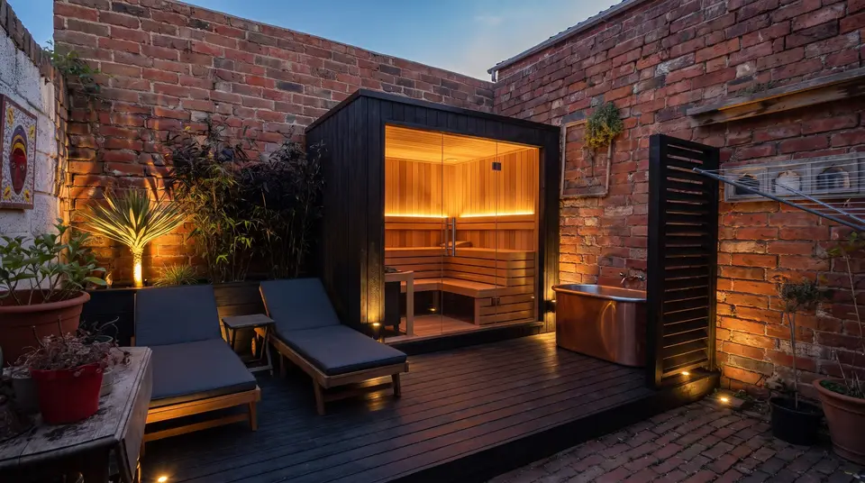 Dark luxury sauna designed into the same courtyard
