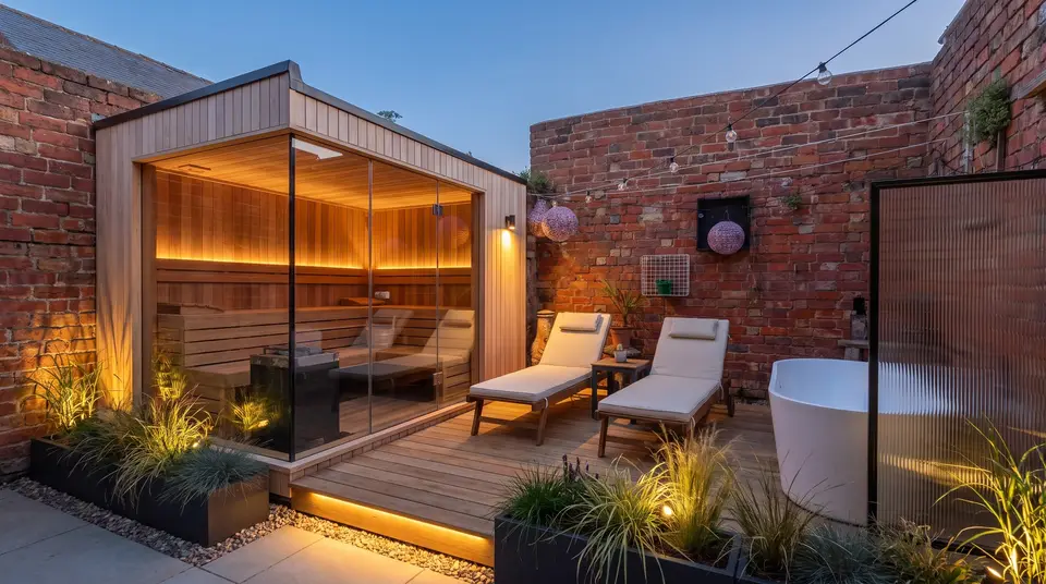 Modern glass sauna designed into the same courtyard