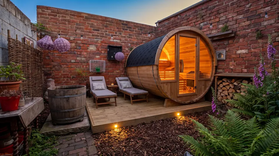 Rustic woodland sauna designed into the same courtyard