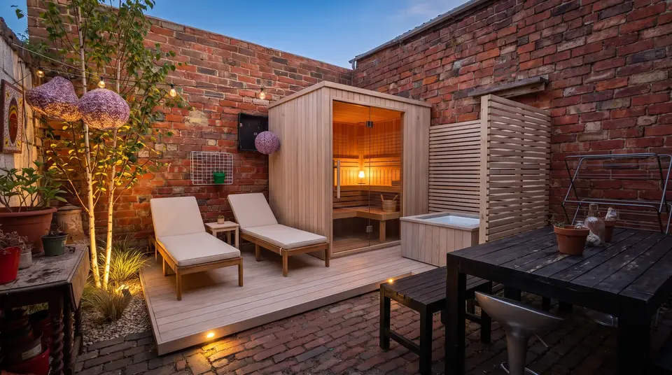 Scandi minimal sauna designed into the same courtyard